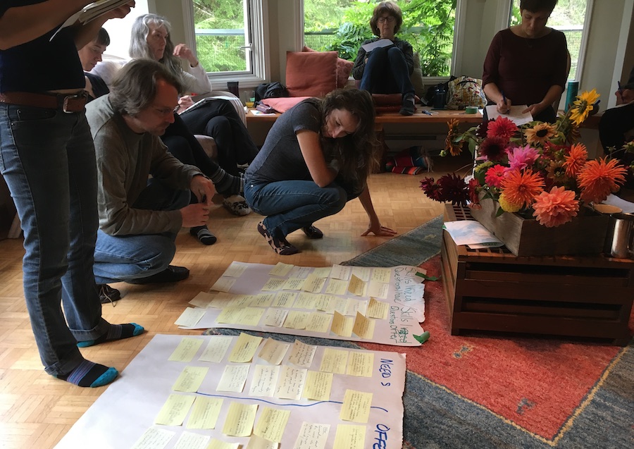 A group on humans gather in a living room setting, around sheets of paper with sticky notes.