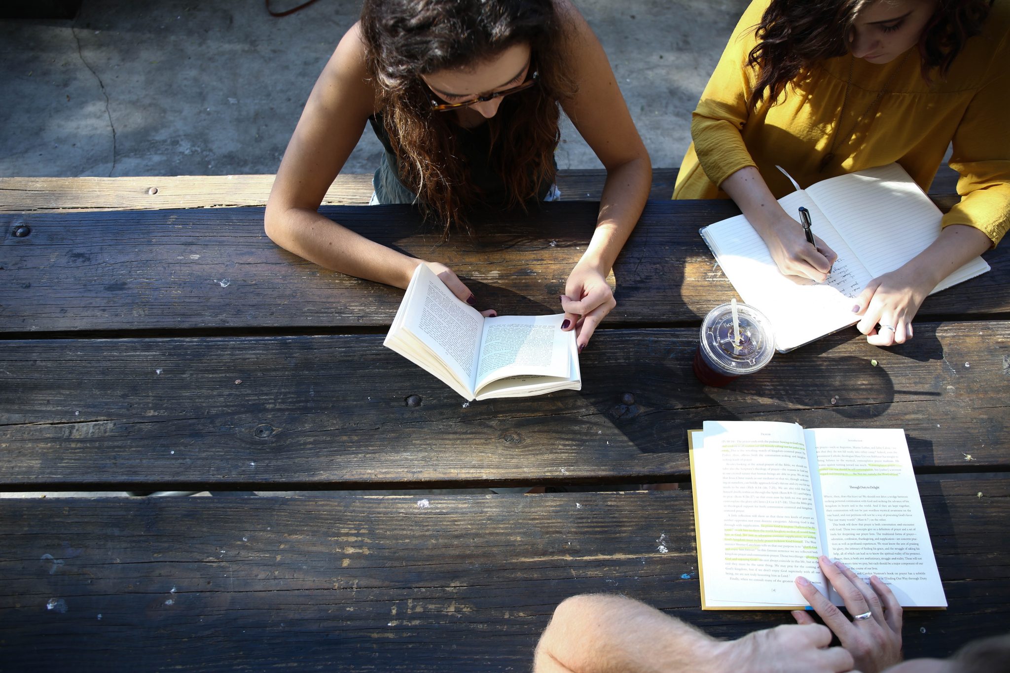 Three humans sit, studying at a picnic table with open books and journals.